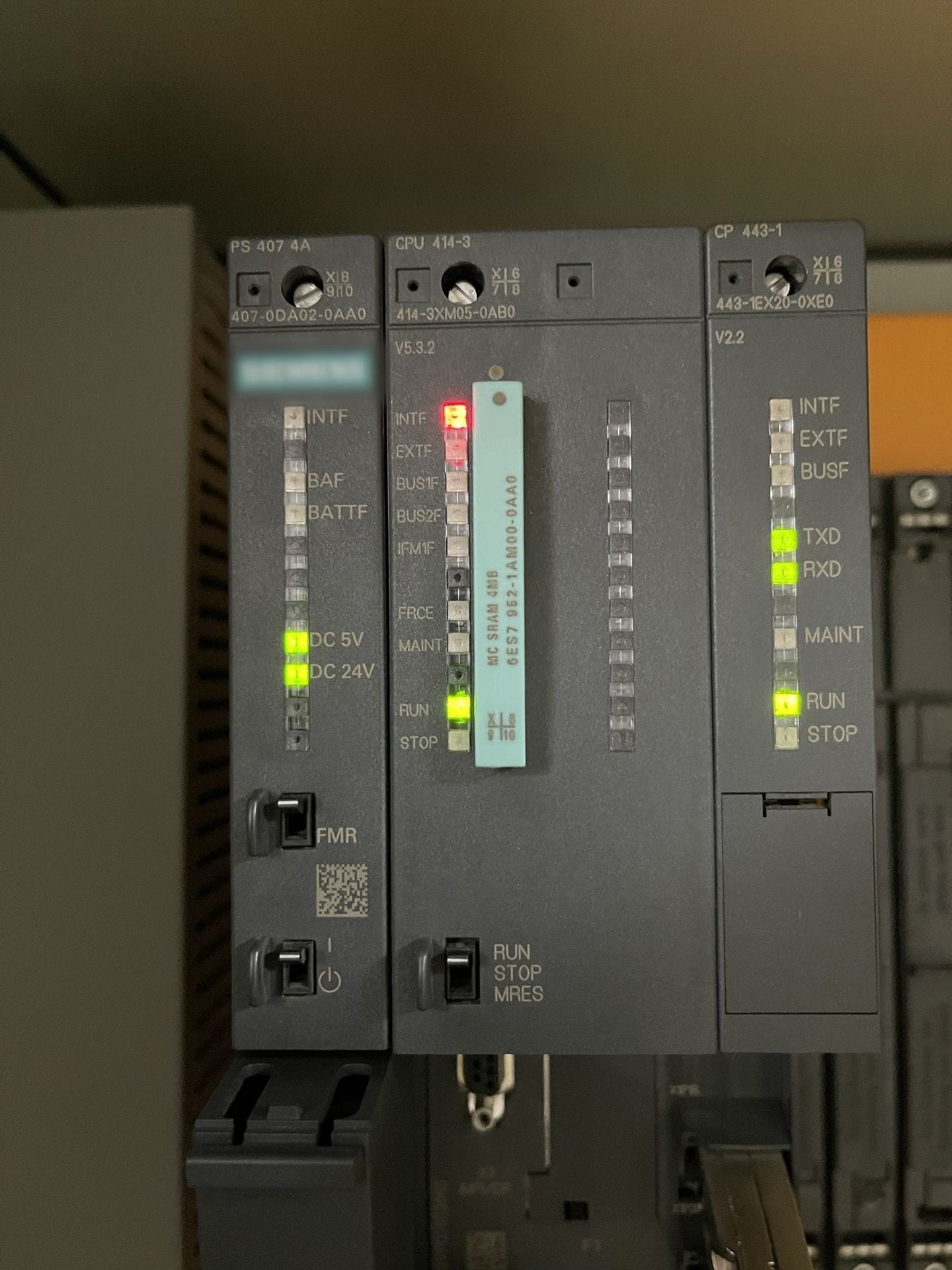 Siemens SIMATIC S7-400 PLC, CPU 414-3, with CP 443-1 module in a control panel