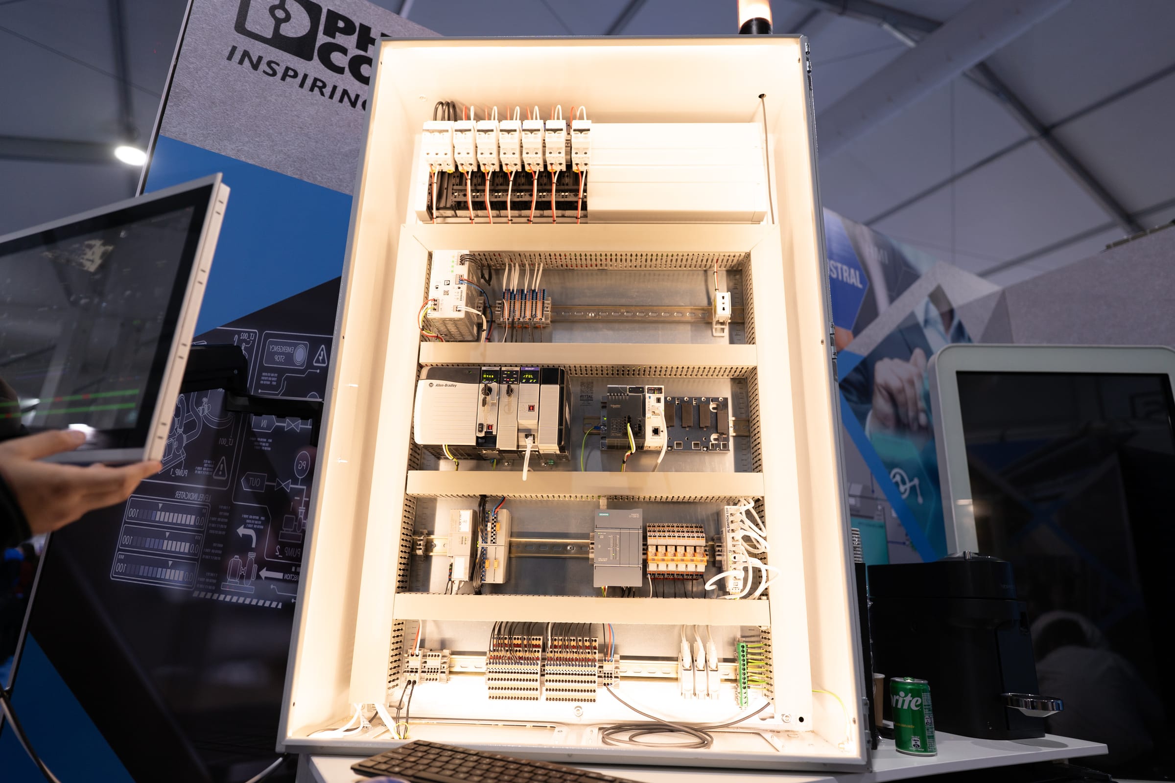 Electrical panel with PLCs and components on display at AquaSur 2026